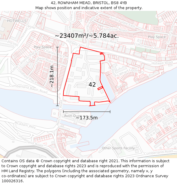 42, ROWNHAM MEAD, BRISTOL, BS8 4YB: Plot and title map