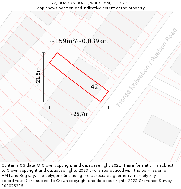 42, RUABON ROAD, WREXHAM, LL13 7PH: Plot and title map