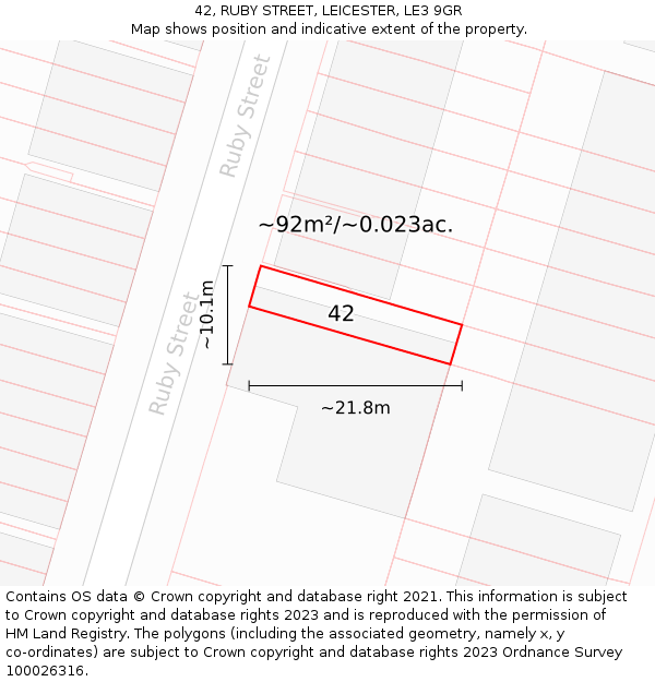 42, RUBY STREET, LEICESTER, LE3 9GR: Plot and title map