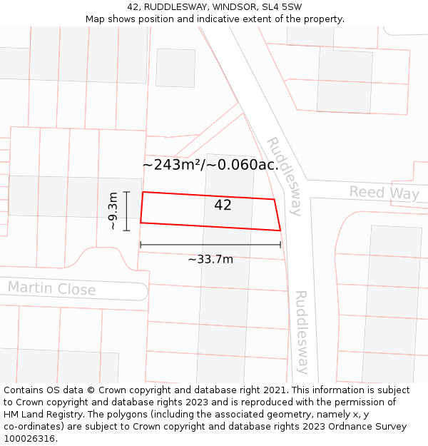 42, RUDDLESWAY, WINDSOR, SL4 5SW: Plot and title map