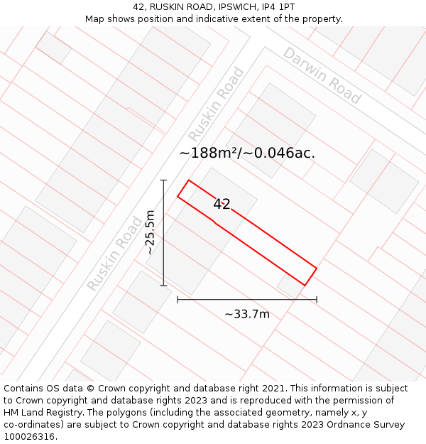 42, RUSKIN ROAD, IPSWICH, IP4 1PT: Plot and title map