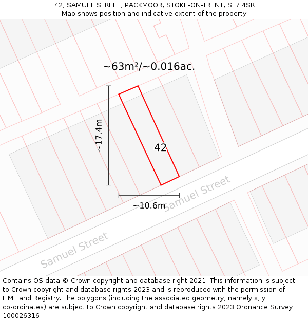 42, SAMUEL STREET, PACKMOOR, STOKE-ON-TRENT, ST7 4SR: Plot and title map
