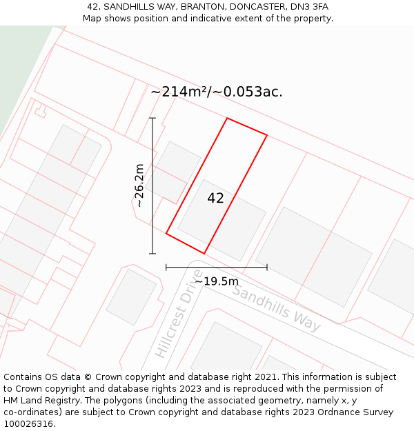 42, SANDHILLS WAY, BRANTON, DONCASTER, DN3 3FA: Plot and title map