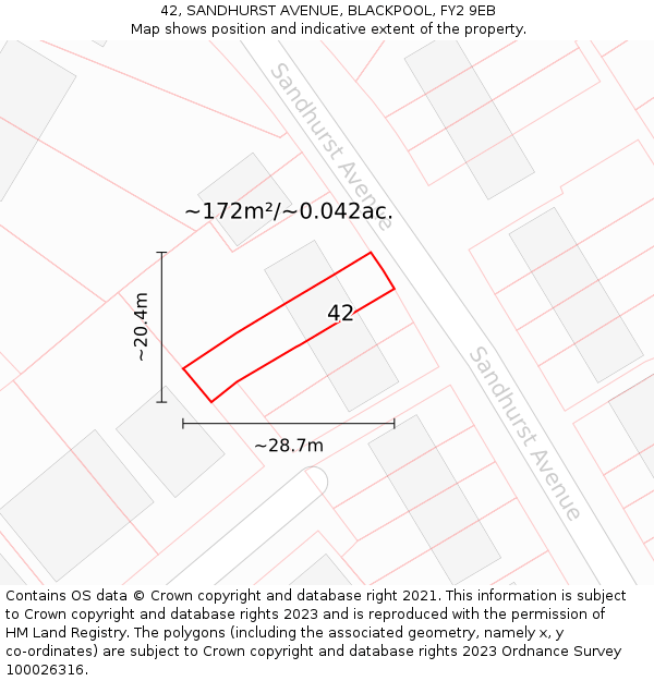 42, SANDHURST AVENUE, BLACKPOOL, FY2 9EB: Plot and title map