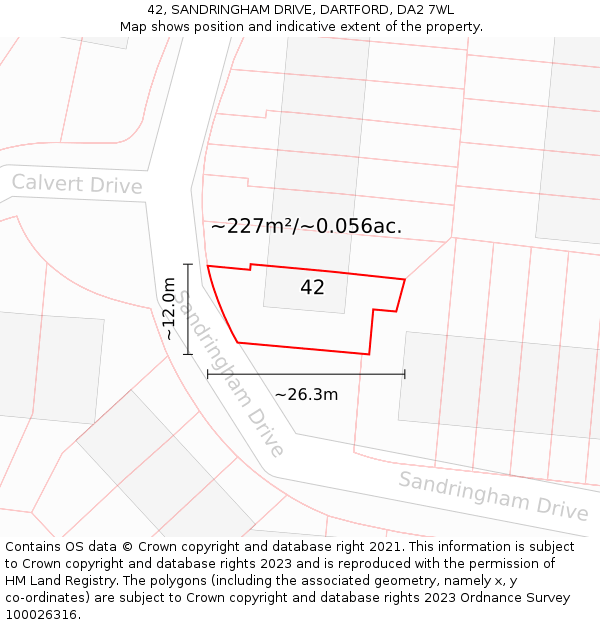 42, SANDRINGHAM DRIVE, DARTFORD, DA2 7WL: Plot and title map