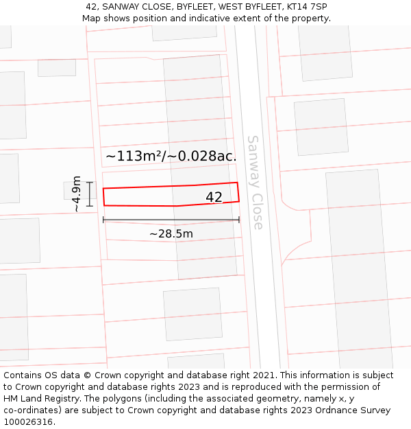 42, SANWAY CLOSE, BYFLEET, WEST BYFLEET, KT14 7SP: Plot and title map