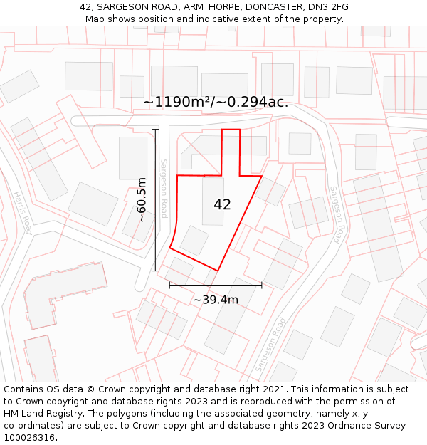 42, SARGESON ROAD, ARMTHORPE, DONCASTER, DN3 2FG: Plot and title map