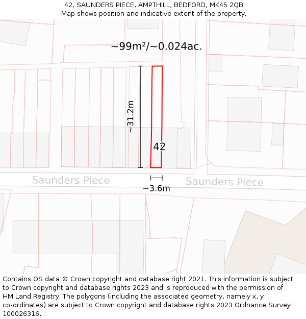 42, SAUNDERS PIECE, AMPTHILL, BEDFORD, MK45 2QB: Plot and title map