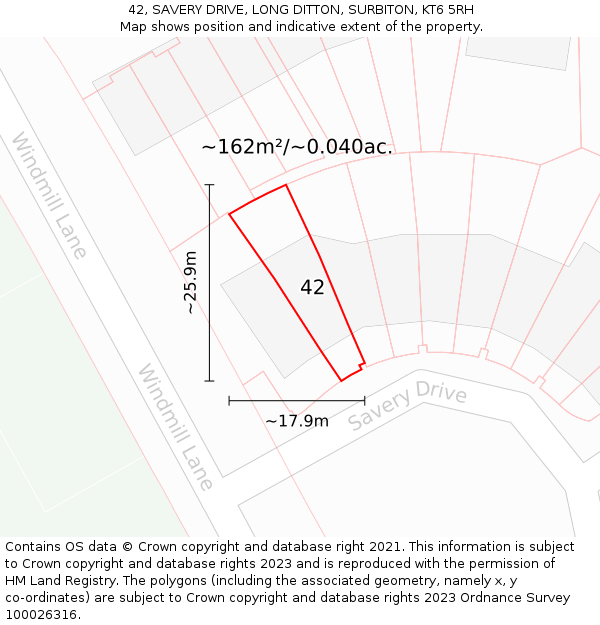 42, SAVERY DRIVE, LONG DITTON, SURBITON, KT6 5RH: Plot and title map