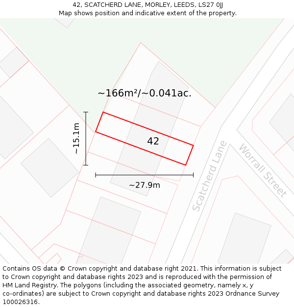 42, SCATCHERD LANE, MORLEY, LEEDS, LS27 0JJ: Plot and title map
