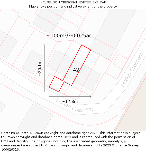 42, SELDON CRESCENT, EXETER, EX1 3WF: Plot and title map