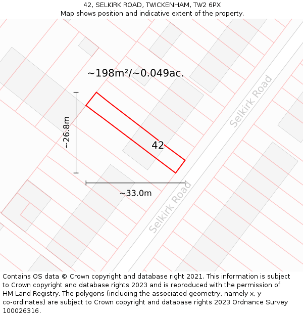 42, SELKIRK ROAD, TWICKENHAM, TW2 6PX: Plot and title map