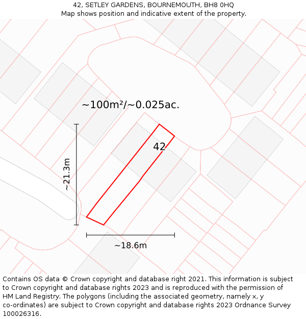 42, SETLEY GARDENS, BOURNEMOUTH, BH8 0HQ: Plot and title map