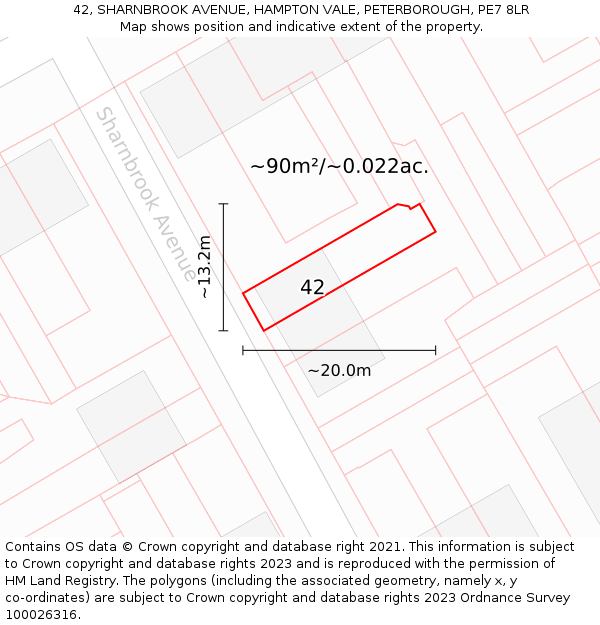 42, SHARNBROOK AVENUE, HAMPTON VALE, PETERBOROUGH, PE7 8LR: Plot and title map
