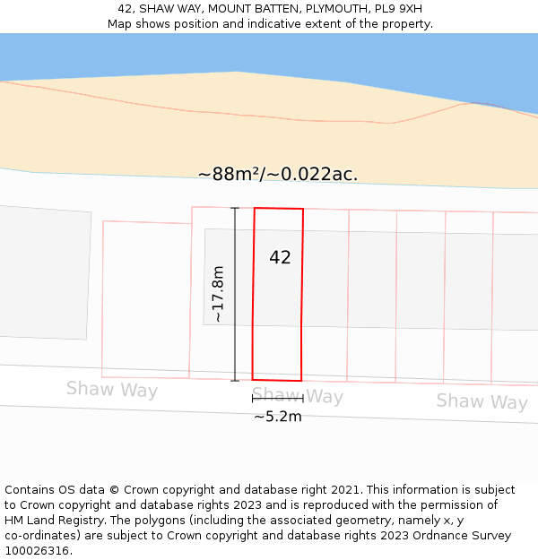 42, SHAW WAY, MOUNT BATTEN, PLYMOUTH, PL9 9XH: Plot and title map