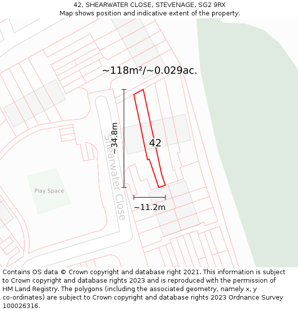 42, SHEARWATER CLOSE, STEVENAGE, SG2 9RX: Plot and title map