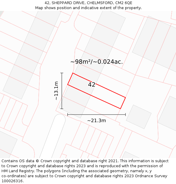 42, SHEPPARD DRIVE, CHELMSFORD, CM2 6QE: Plot and title map