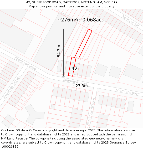 42, SHERBROOK ROAD, DAYBROOK, NOTTINGHAM, NG5 6AP: Plot and title map