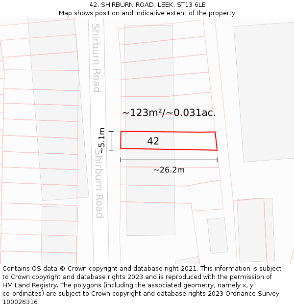 42, SHIRBURN ROAD, LEEK, ST13 6LE: Plot and title map