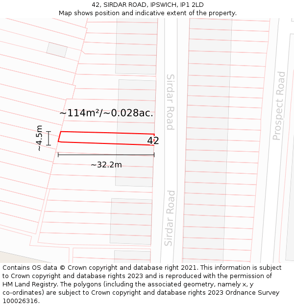 42, SIRDAR ROAD, IPSWICH, IP1 2LD: Plot and title map