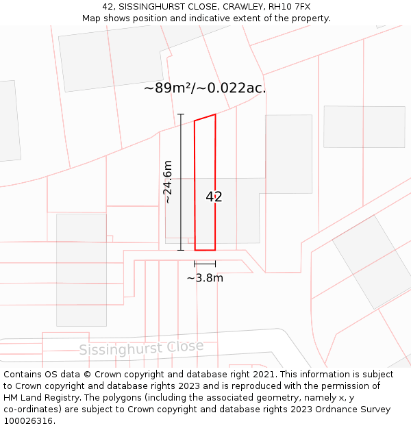 42, SISSINGHURST CLOSE, CRAWLEY, RH10 7FX: Plot and title map