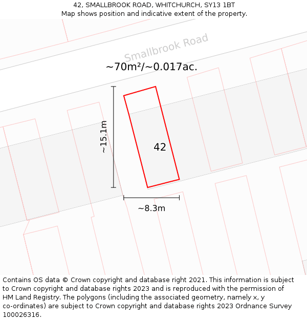 42, SMALLBROOK ROAD, WHITCHURCH, SY13 1BT: Plot and title map