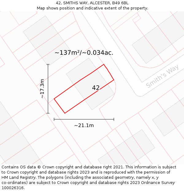 42, SMITHS WAY, ALCESTER, B49 6BL: Plot and title map