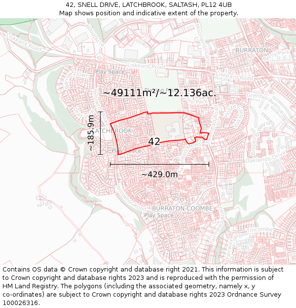 42, SNELL DRIVE, LATCHBROOK, SALTASH, PL12 4UB: Plot and title map