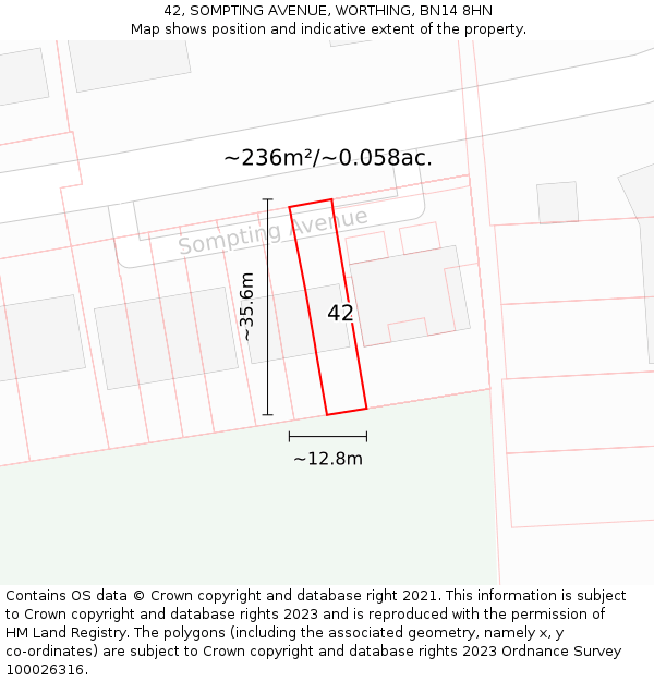 42, SOMPTING AVENUE, WORTHING, BN14 8HN: Plot and title map