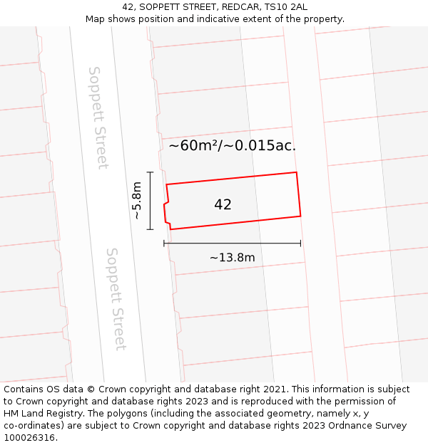 42, SOPPETT STREET, REDCAR, TS10 2AL: Plot and title map