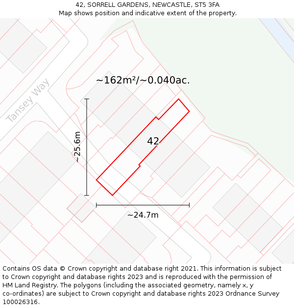 42, SORRELL GARDENS, NEWCASTLE, ST5 3FA: Plot and title map