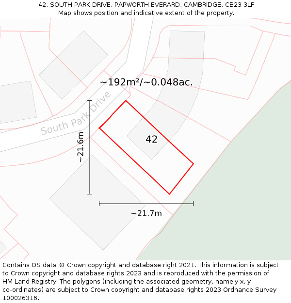 42, SOUTH PARK DRIVE, PAPWORTH EVERARD, CAMBRIDGE, CB23 3LF: Plot and title map