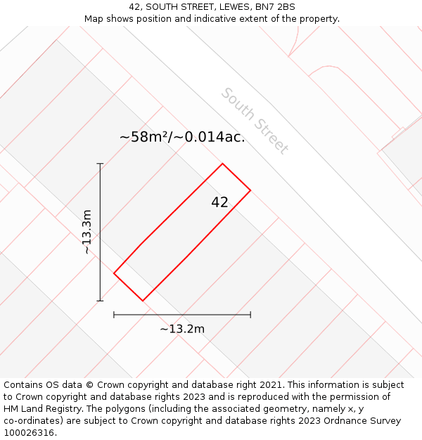 42, SOUTH STREET, LEWES, BN7 2BS: Plot and title map