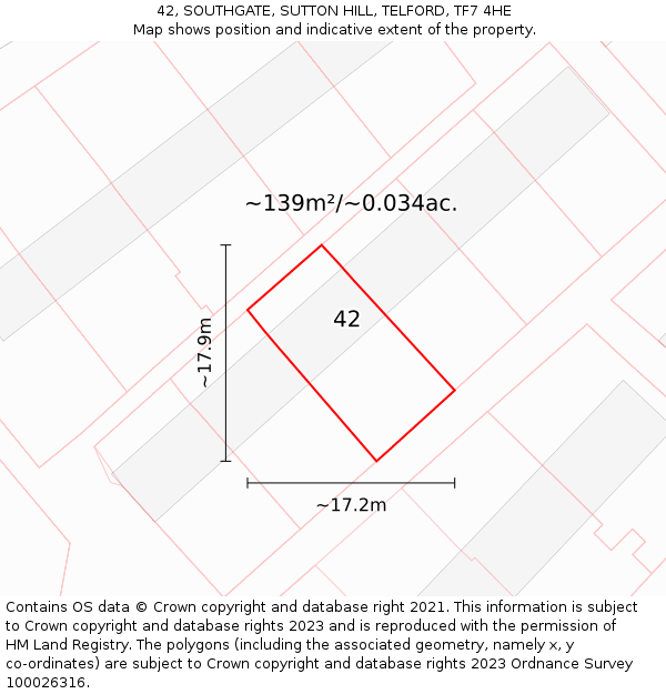 42, SOUTHGATE, SUTTON HILL, TELFORD, TF7 4HE: Plot and title map