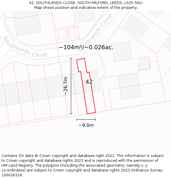 42, SOUTHLANDS CLOSE, SOUTH MILFORD, LEEDS, LS25 5NU: Plot and title map