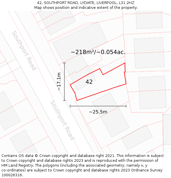 42, SOUTHPORT ROAD, LYDIATE, LIVERPOOL, L31 2HZ: Plot and title map