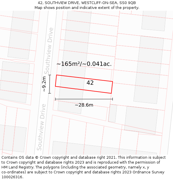 42, SOUTHVIEW DRIVE, WESTCLIFF-ON-SEA, SS0 9QB: Plot and title map