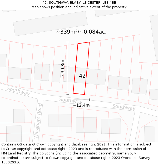 42, SOUTHWAY, BLABY, LEICESTER, LE8 4BB: Plot and title map