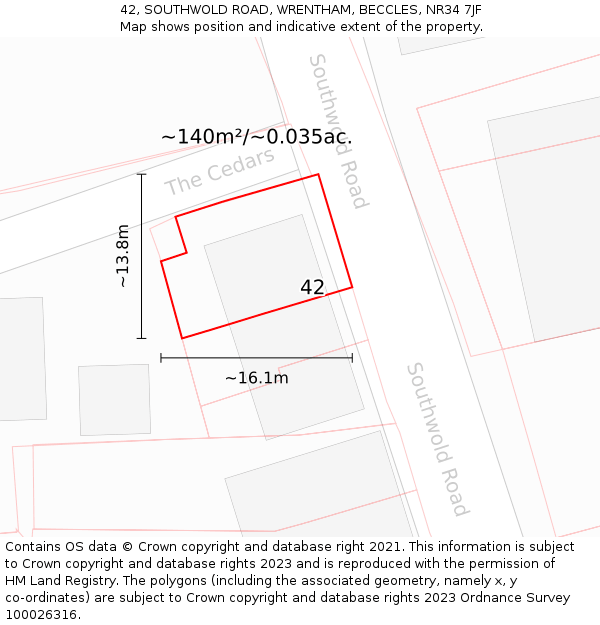 42, SOUTHWOLD ROAD, WRENTHAM, BECCLES, NR34 7JF: Plot and title map