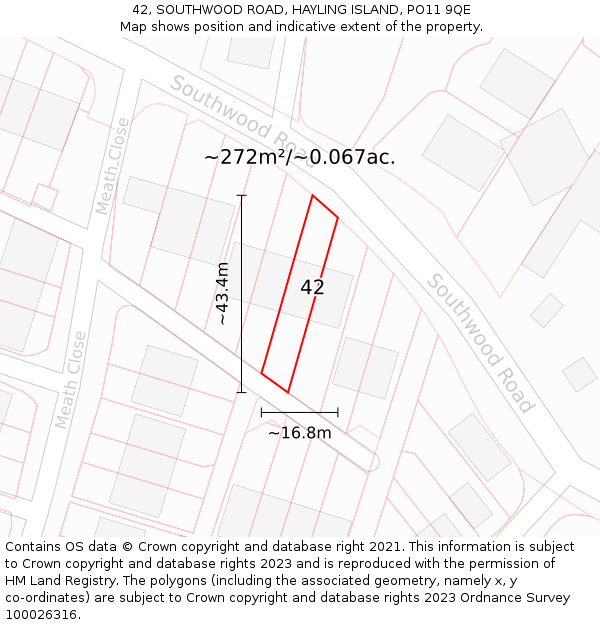 42, SOUTHWOOD ROAD, HAYLING ISLAND, PO11 9QE: Plot and title map
