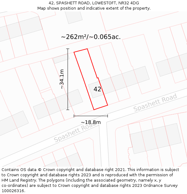 42, SPASHETT ROAD, LOWESTOFT, NR32 4DG: Plot and title map