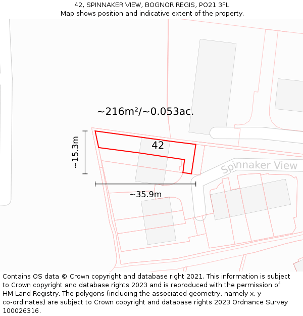 42, SPINNAKER VIEW, BOGNOR REGIS, PO21 3FL: Plot and title map