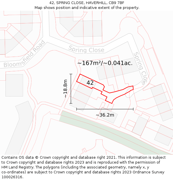 42, SPRING CLOSE, HAVERHILL, CB9 7BF: Plot and title map