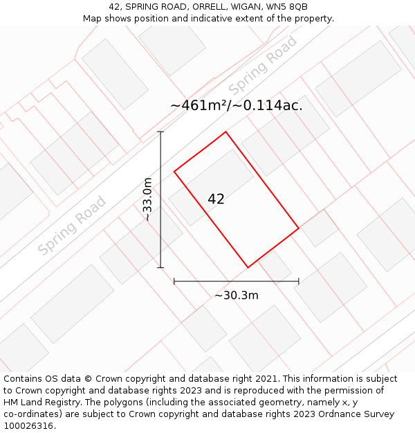 42, SPRING ROAD, ORRELL, WIGAN, WN5 8QB: Plot and title map