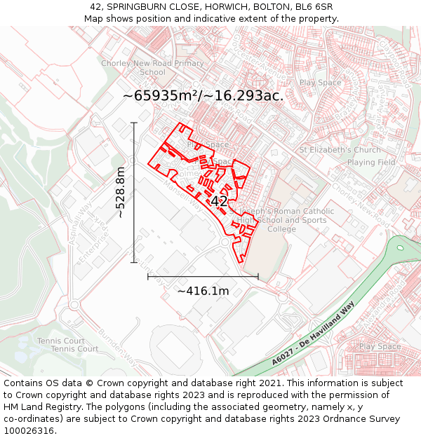 42, SPRINGBURN CLOSE, HORWICH, BOLTON, BL6 6SR: Plot and title map