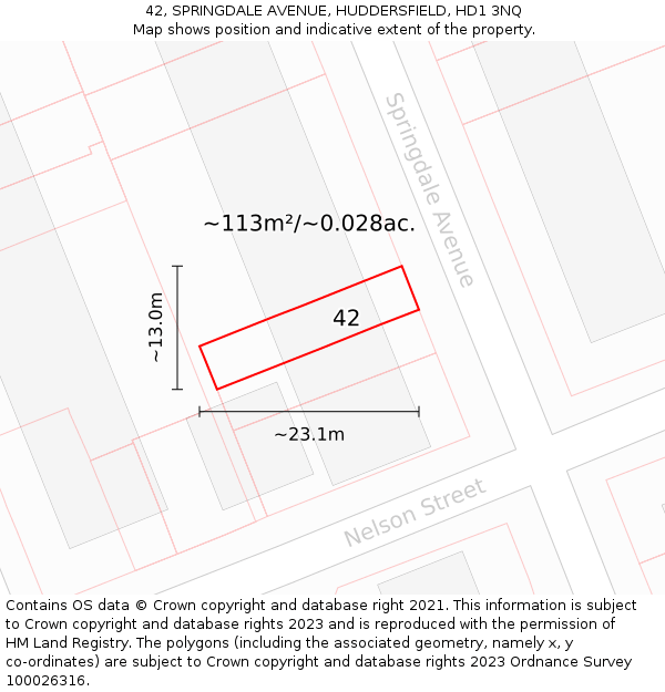 42, SPRINGDALE AVENUE, HUDDERSFIELD, HD1 3NQ: Plot and title map