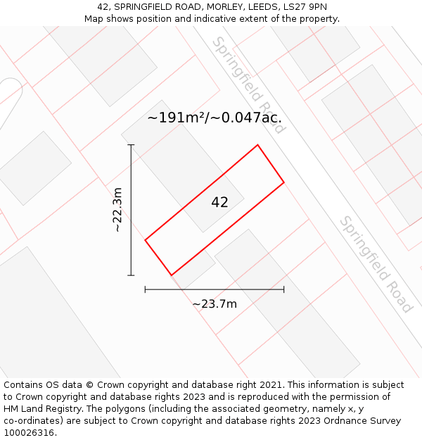 42, SPRINGFIELD ROAD, MORLEY, LEEDS, LS27 9PN: Plot and title map