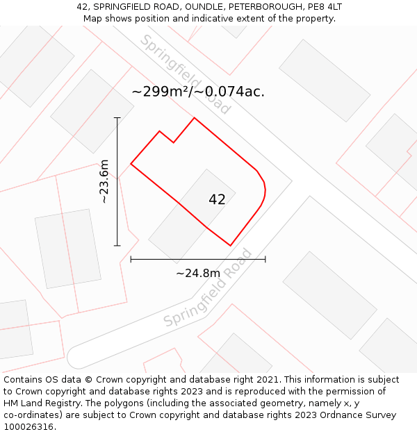 42, SPRINGFIELD ROAD, OUNDLE, PETERBOROUGH, PE8 4LT: Plot and title map