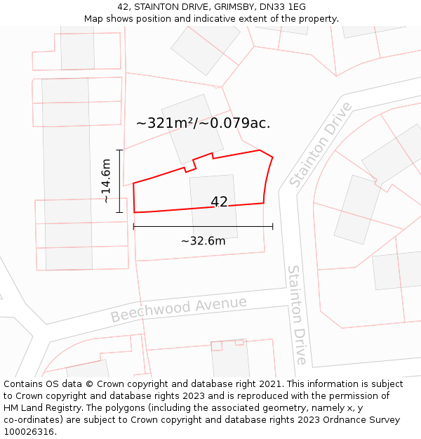 42, STAINTON DRIVE, GRIMSBY, DN33 1EG: Plot and title map