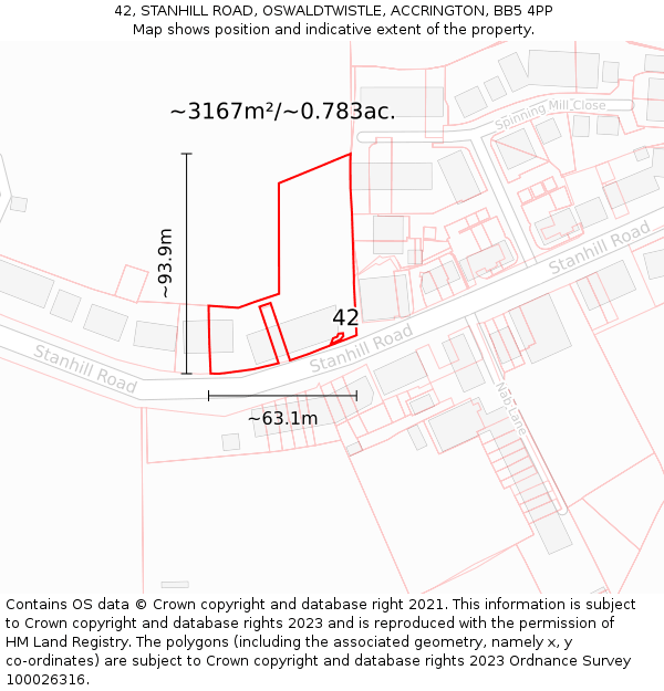 42, STANHILL ROAD, OSWALDTWISTLE, ACCRINGTON, BB5 4PP: Plot and title map